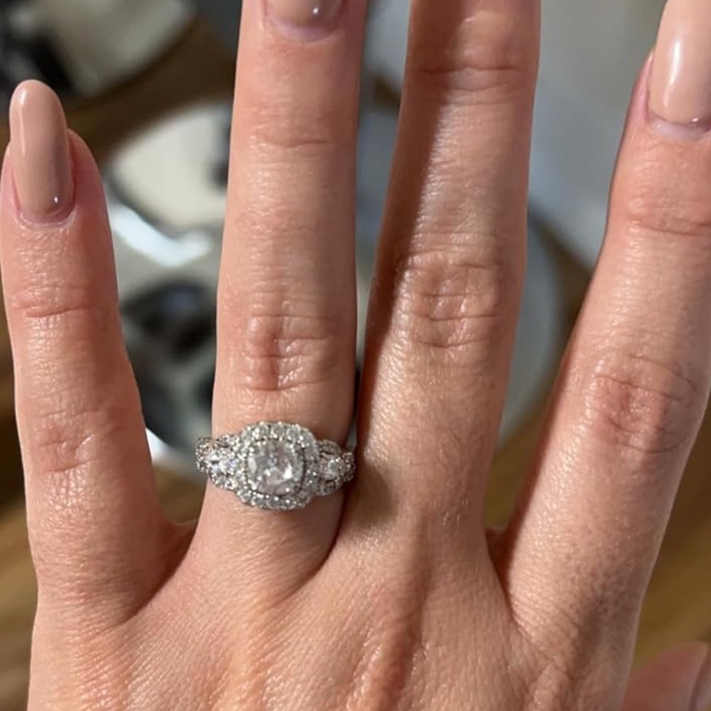 Silver Diamond Halo Engagement Ring Set Wedding - Picture 4 of 14